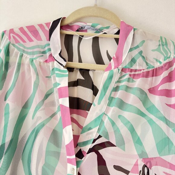 NEW Zara Semi Sheer Pink Zebra Pattern Blouse Top- Size M Oversized - Picture 12 of 16